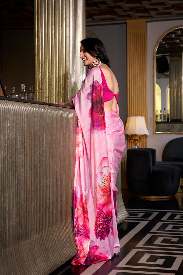 Light Pink Satin Silk Printed Saree with Moonga Silk Hotfix Blouse ClothsVilla