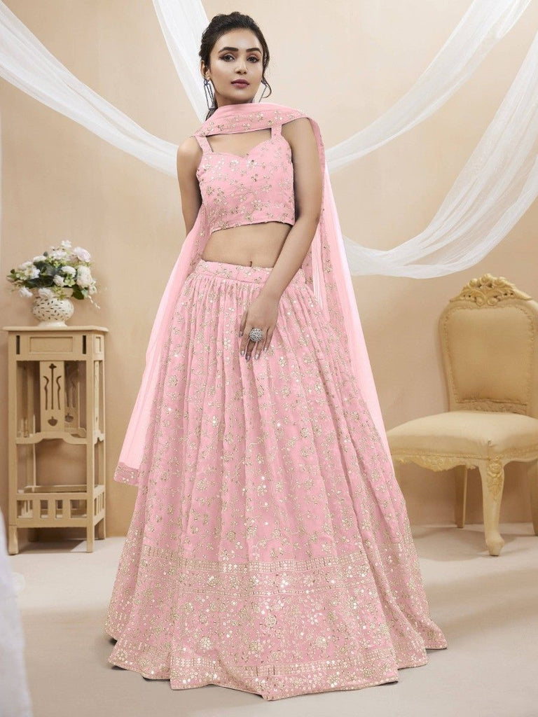 Pink and Dark Blue Color Embroidered Viscose Georgette Lehenga - Rent