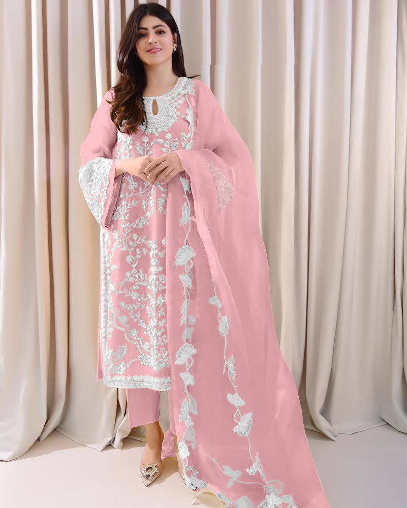 Light Pink Stunning Party Wear Top, Bottom & Dupatta Set with Elegant Embroidery Clothsvilla