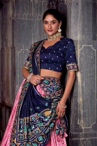 Light Pink Tasar Silk Ikkat Print Lehenga Set with Embroidered Blouse & Dupatta ClothsVilla