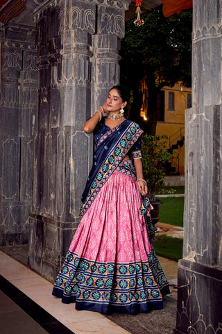 Light Pink Tasar Silk Ikkat Print Lehenga Set with Embroidered Blouse & Dupatta ClothsVilla