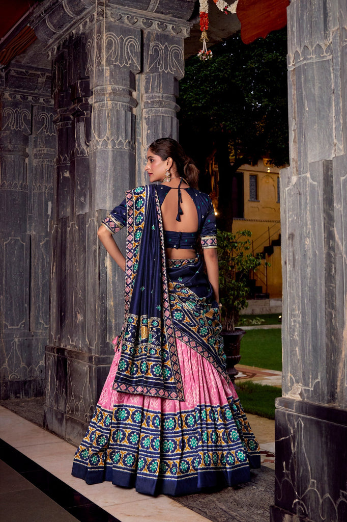 Light Pink Tasar Silk Ikkat Print Lehenga Set with Embroidered Blouse & Dupatta ClothsVilla