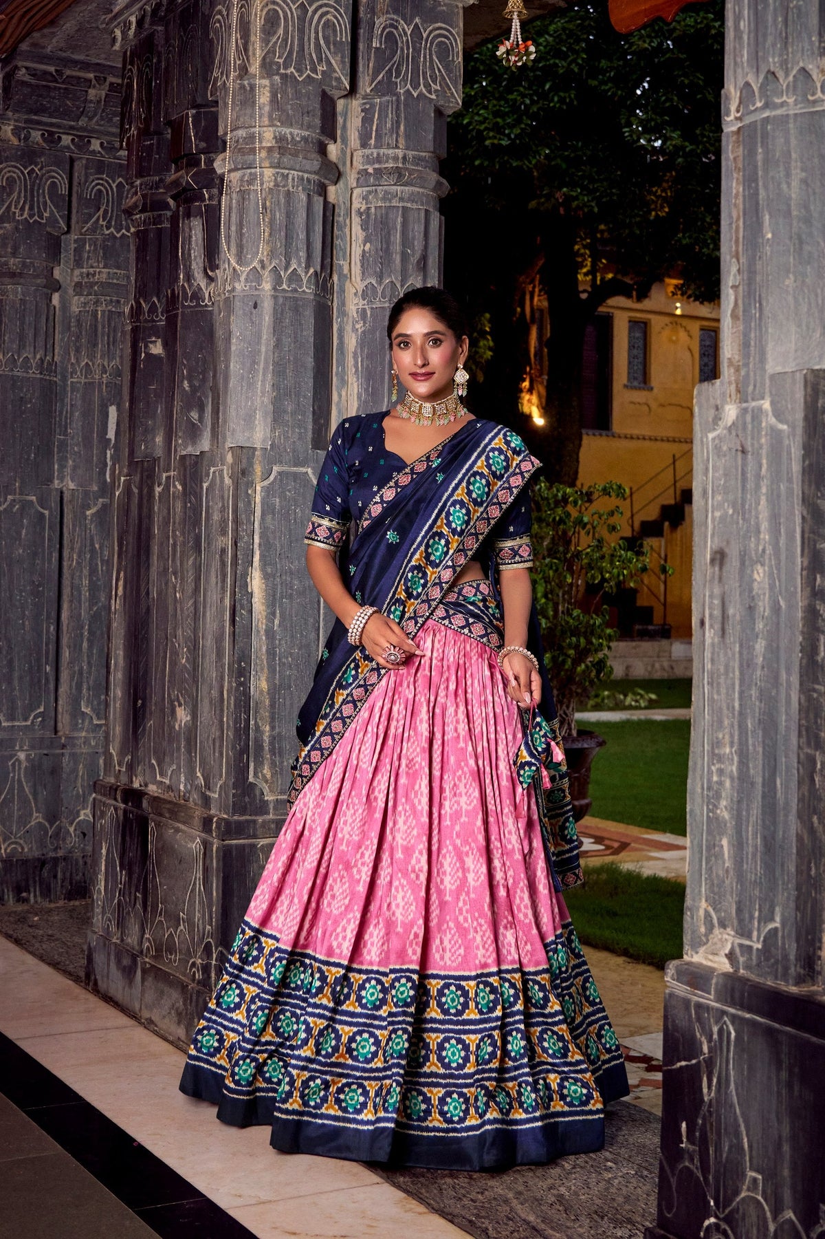 Light Pink Tasar Silk Ikkat Print Lehenga Set with Embroidered Blouse & Dupatta ClothsVilla Main image
