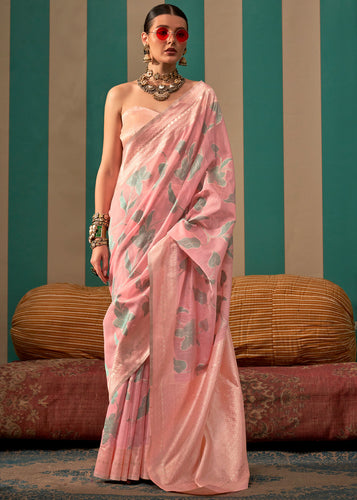 Light Pink Woven Cotton Silk Blend Linen Saree with Unstitched Blouse ClothsVilla