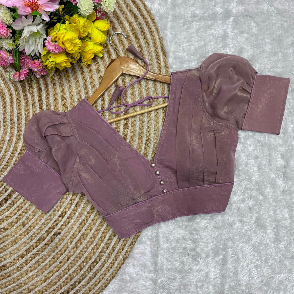 Light Purple Color Metallic Jari Blouse with Ruffled Pattern and Balloon Sleeves ClothsVilla