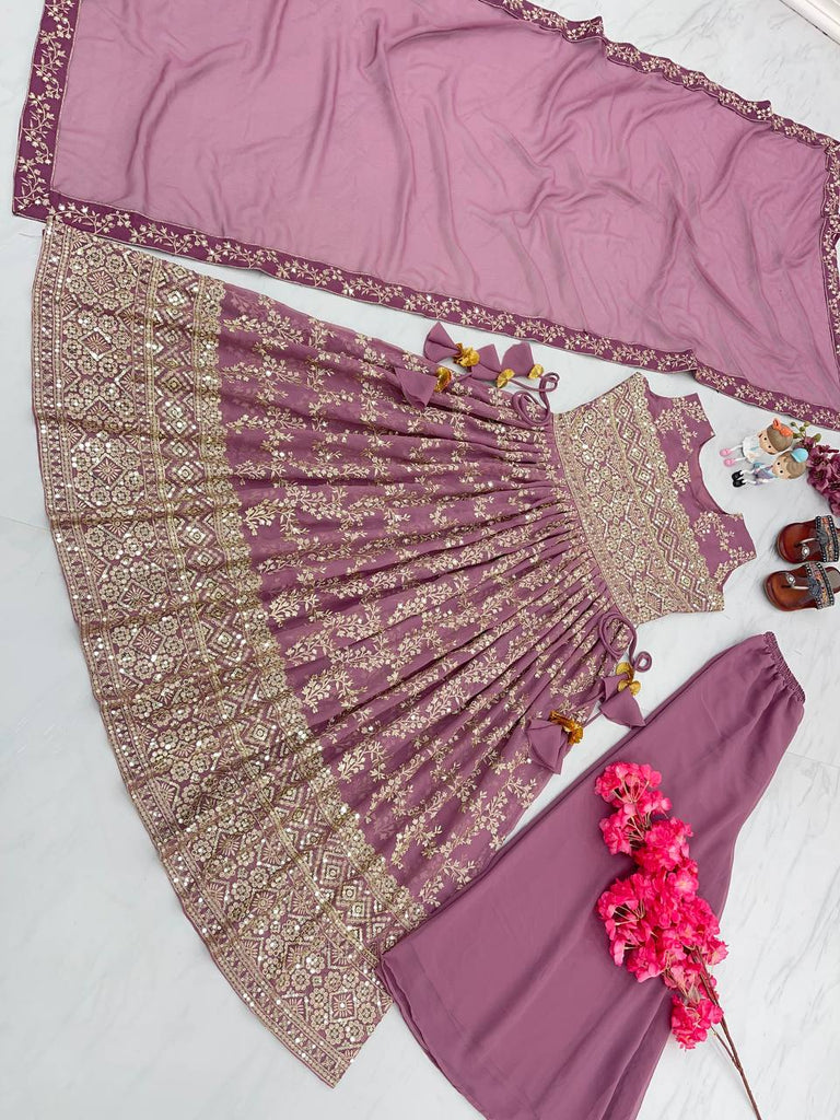 Light Purple Designer Nayra Cut Party Wear Long Top, Dupatta & Palazzo Set – Elegance Redefined Clothsvilla