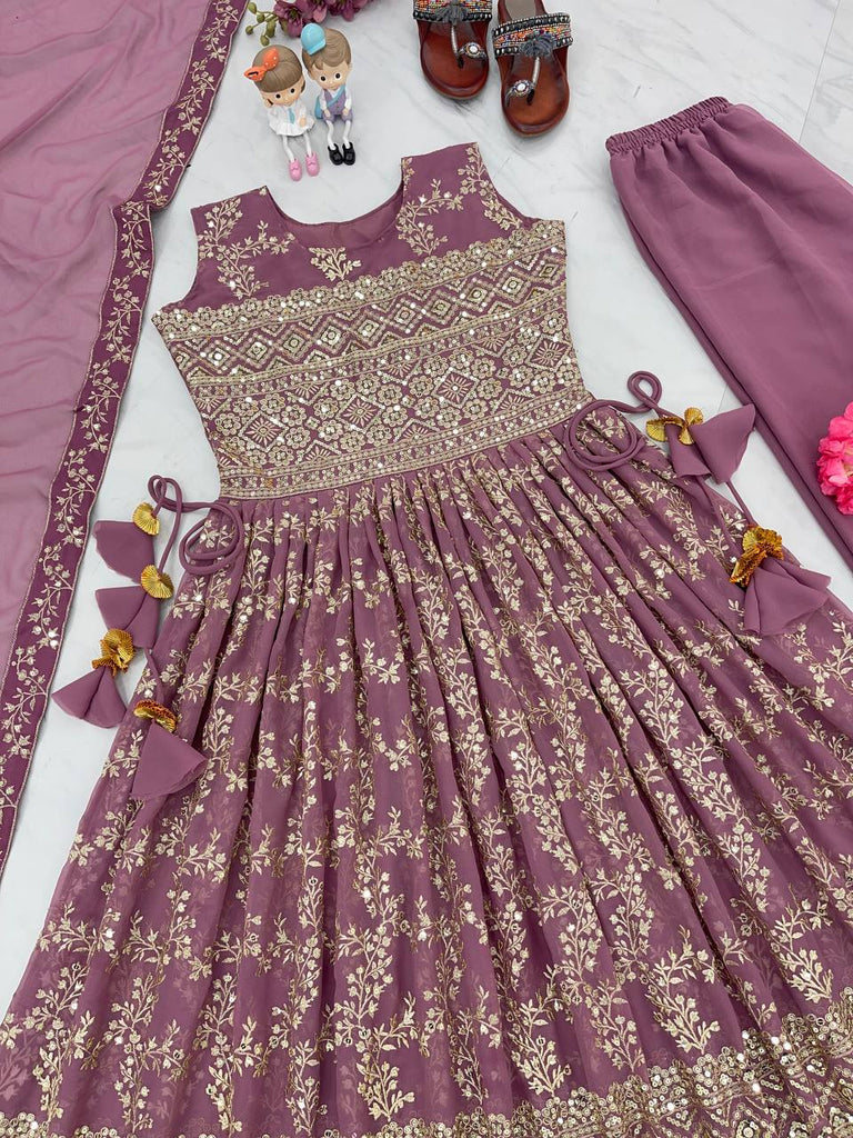 Light Purple Designer Nayra Cut Party Wear Long Top, Dupatta & Palazzo Set – Elegance Redefined Clothsvilla