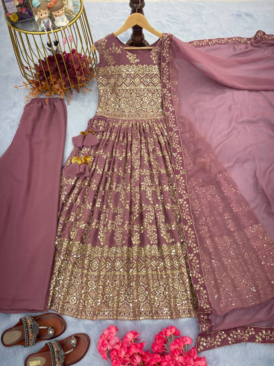 Light Purple Designer Nayra Cut Party Wear Long Top, Dupatta & Palazzo Set – Elegance Redefined Clothsvilla Main image