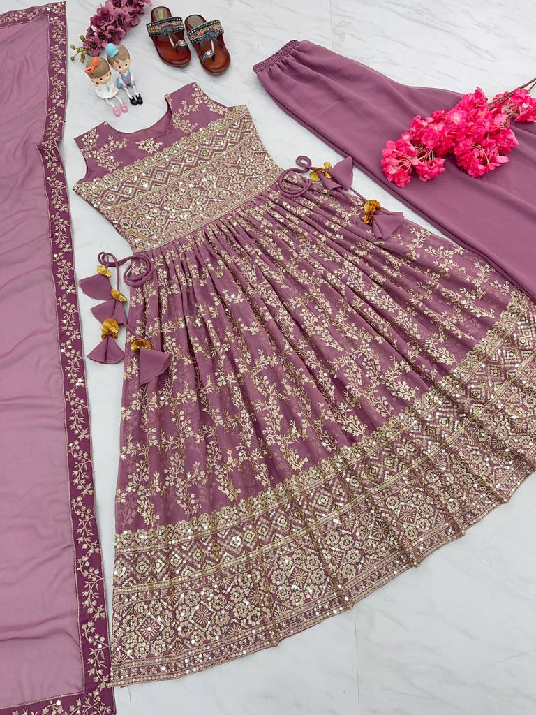 Light Purple Designer Nayra Cut Party Wear Long Top, Dupatta & Palazzo Set – Elegance Redefined Clothsvilla