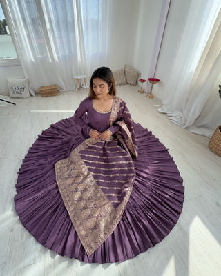 Light Purple Elegant Festive Pure Romansilk Chanderi Anarkali Suit with Banarasi Dupatta