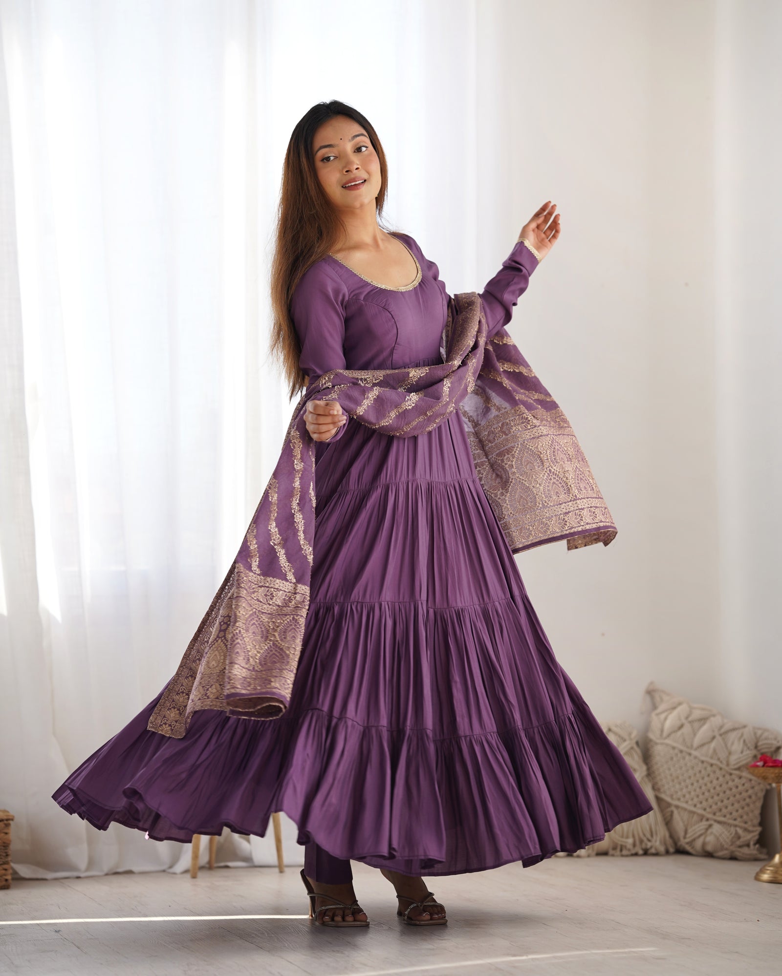 Light Purple Elegant Festive Pure Romansilk Chanderi Anarkali Suit with Banarasi Dupatta