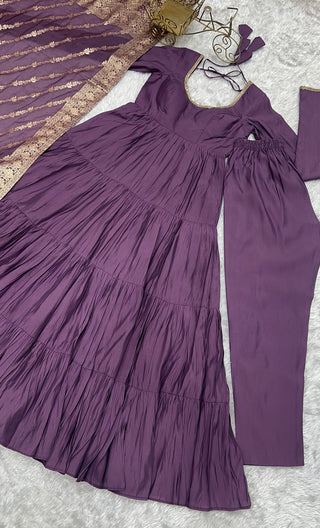 Light Purple Elegant Festive Pure Romansilk Chanderi Anarkali Suit with Banarasi Dupatta