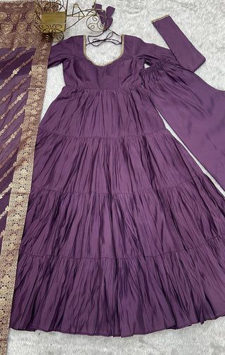 Light Purple Elegant Festive Pure Romansilk Chanderi Anarkali Suit with Banarasi Dupatta