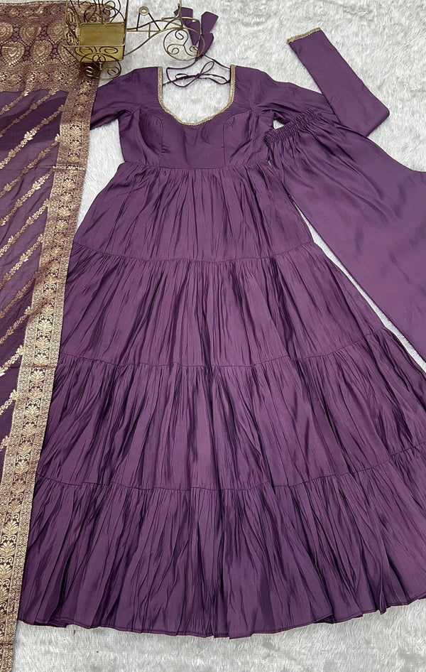 Light Purple Elegant Festive Pure Romansilk Chanderi Anarkali Suit with Banarasi Dupatta