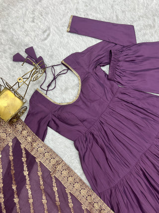 Light Purple Elegant Festive Pure Romansilk Chanderi Anarkali Suit with Banarasi Dupatta
