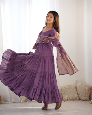 Light Purple Elegant Festive Pure Romansilk Chanderi Anarkali Suit with Banarasi Dupatta