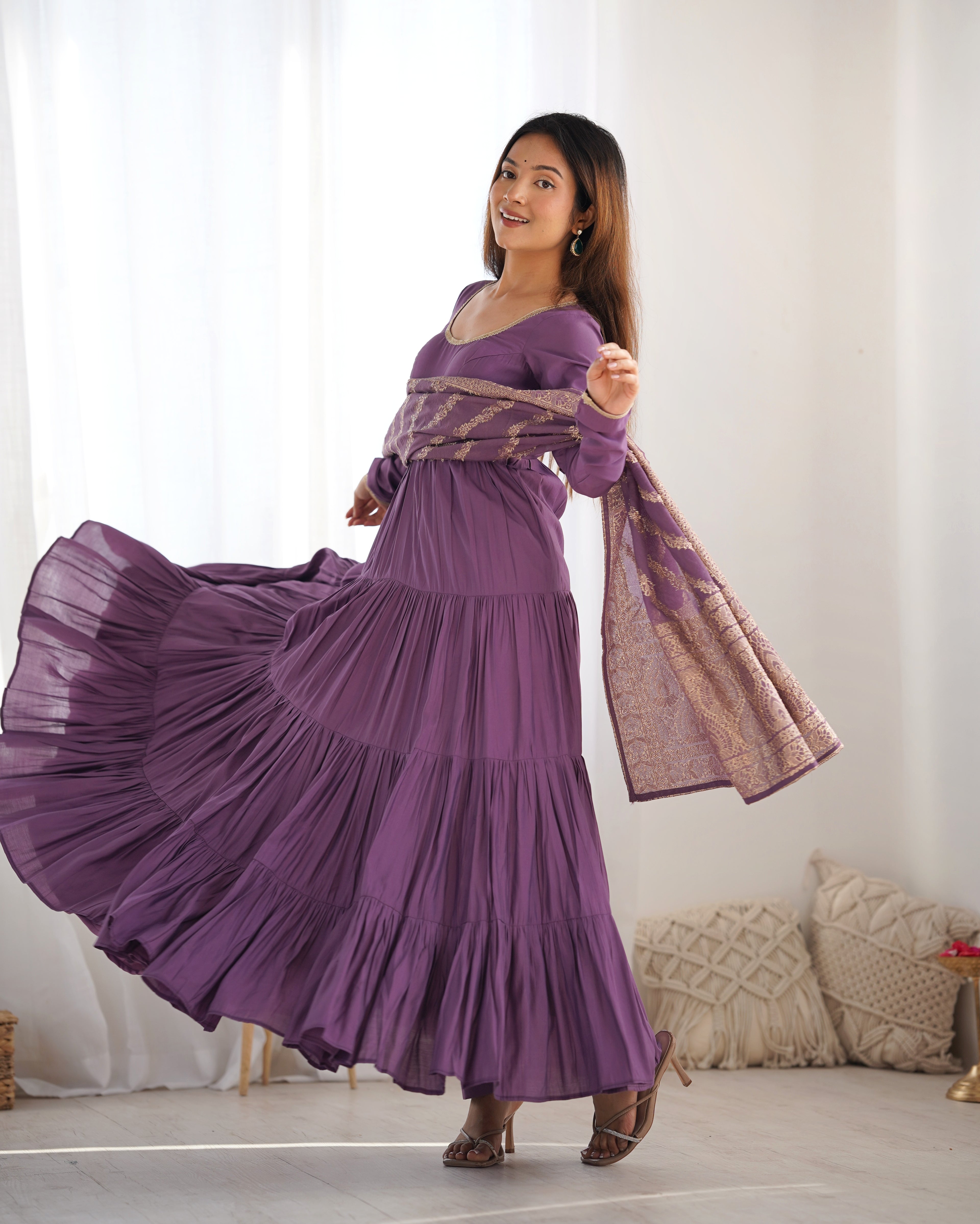 Light Purple Elegant Festive Pure Romansilk Chanderi Anarkali Suit with Banarasi Dupatta
