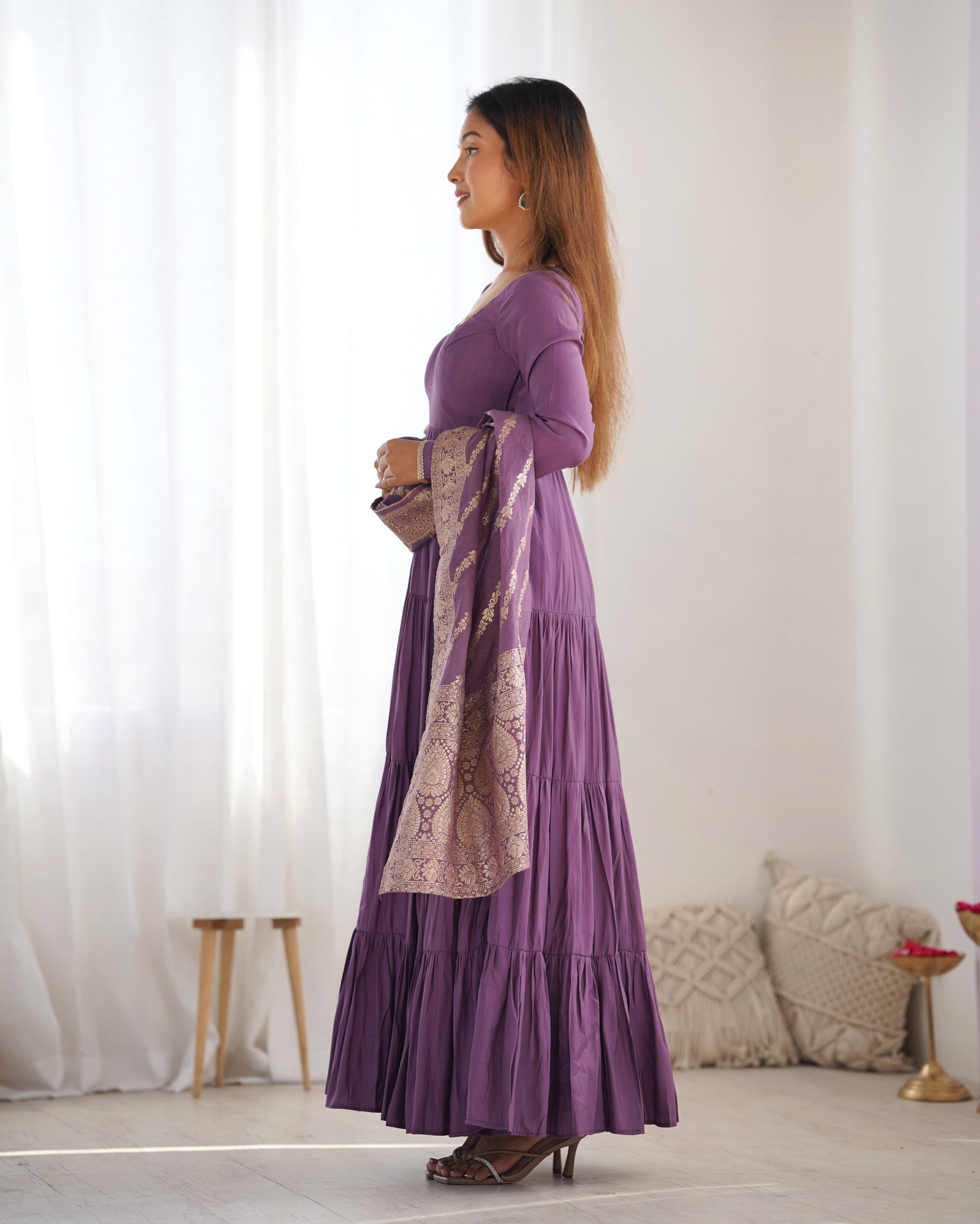 Light Purple Elegant Festive Pure Romansilk Chanderi Anarkali Suit with Banarasi Dupatta
