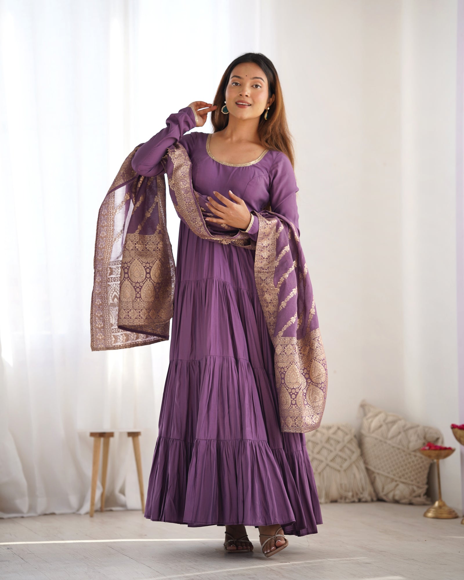 Light Purple Elegant Festive Pure Romansilk Chanderi Anarkali Suit with Banarasi Dupatta