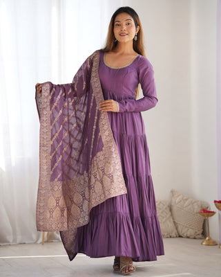 Light Purple Elegant Festive Pure Romansilk Chanderi Anarkali Suit with Banarasi Dupatta