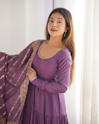 Light Purple Elegant Festive Pure Romansilk Chanderi Anarkali Suit with Banarasi Dupatta