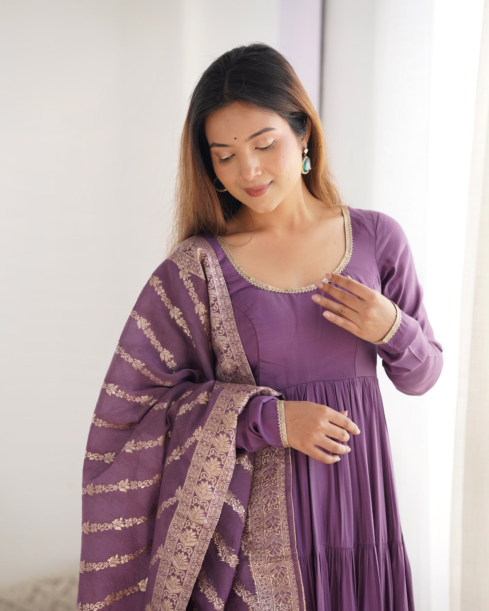 Light Purple Elegant Festive Pure Romansilk Chanderi Anarkali Suit with Banarasi Dupatta