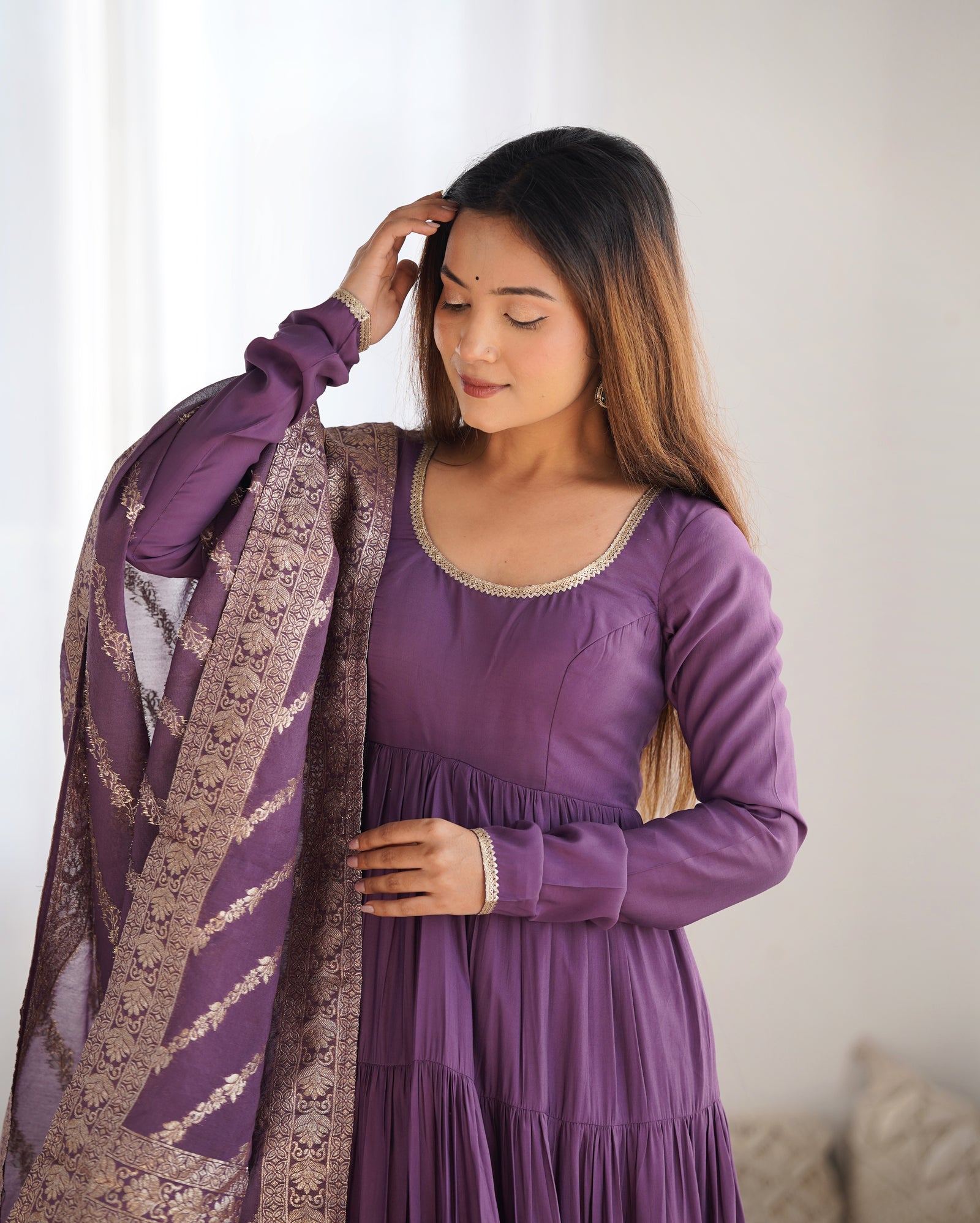 Light Purple Elegant Festive Pure Romansilk Chanderi Anarkali Suit with Banarasi Dupatta
