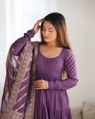 Light Purple Elegant Festive Pure Romansilk Chanderi Anarkali Suit with Banarasi Dupatta