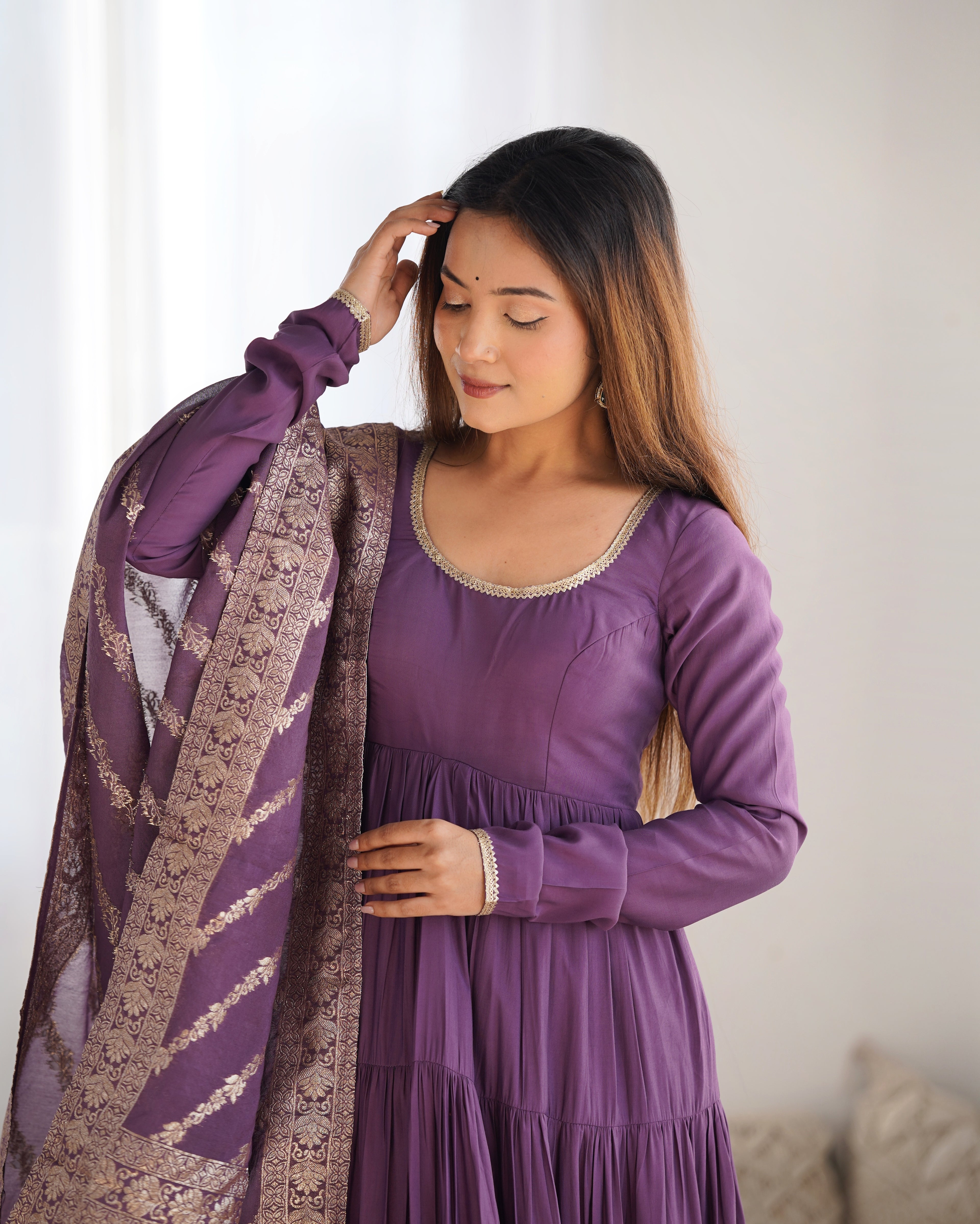 Light Purple Elegant Festive Pure Romansilk Chanderi Anarkali Suit with Banarasi Dupatta
