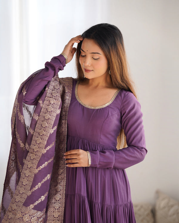 Light Purple Elegant Festive Pure Romansilk Chanderi Anarkali Suit with Banarasi Dupatta