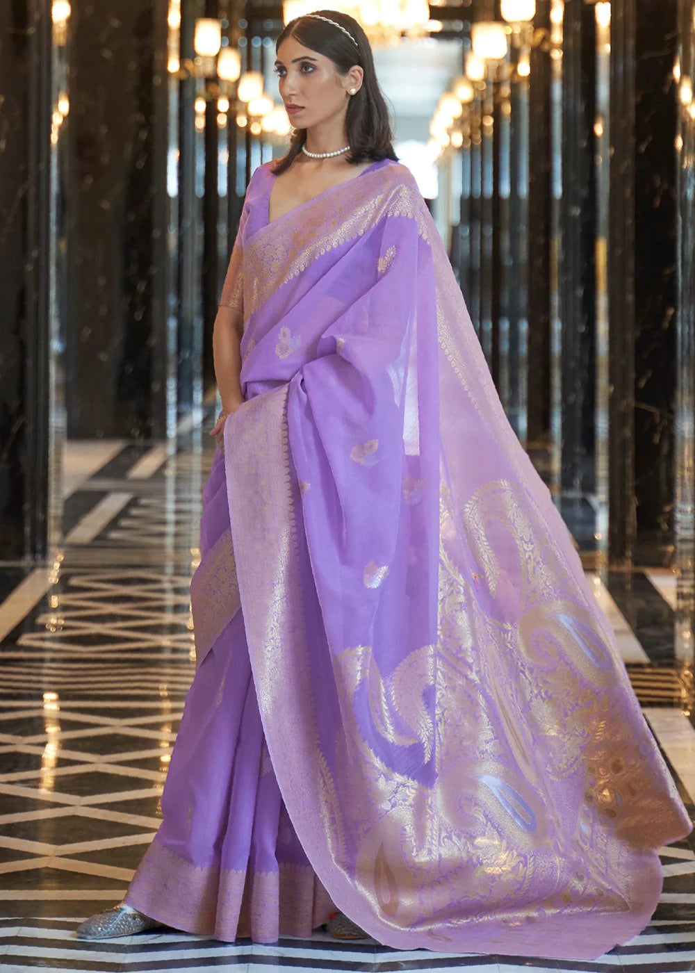 Light Purple Elegant Linen Saree with Floral Printed Weaving Work ClothsVilla Main image