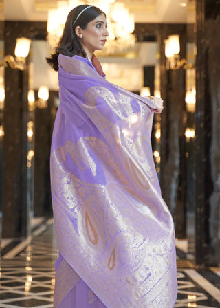 Light Purple Elegant Linen Saree with Floral Printed Weaving Work ClothsVilla