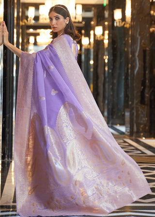 Light Purple Elegant Linen Saree with Floral Printed Weaving Work ClothsVilla