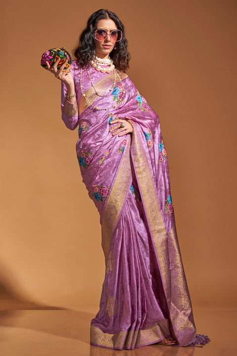 Light Purple Elegant Satin Traditional Saree with Zari & Thread Work ClothsVilla Main image