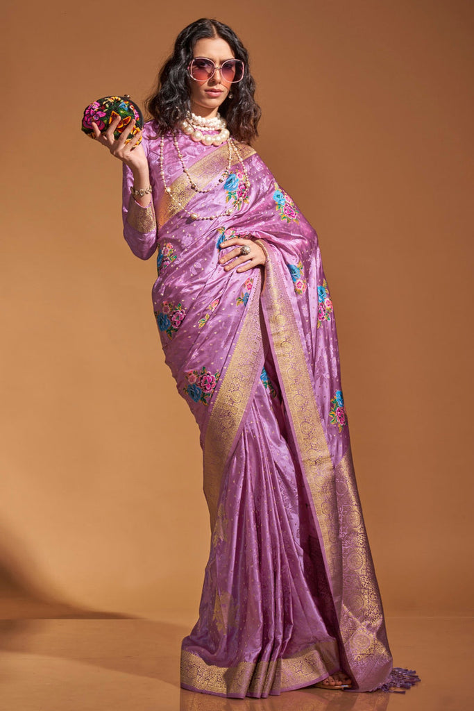 Light Purple Elegant Satin Traditional Saree with Zari & Thread Work ClothsVilla