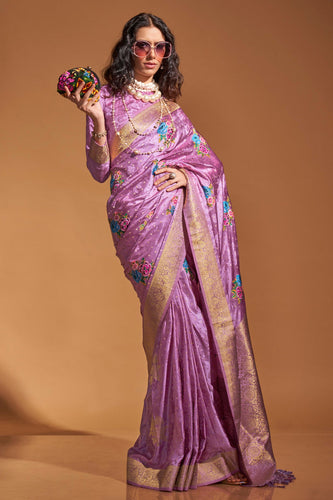 Light Purple Elegant Satin Traditional Saree with Zari & Thread Work ClothsVilla