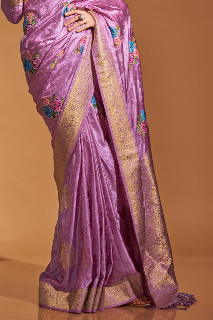 Light Purple Elegant Satin Traditional Saree with Zari & Thread Work ClothsVilla