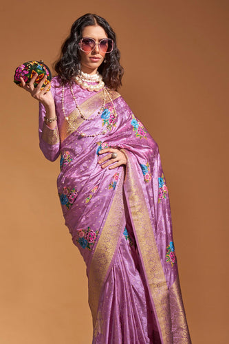 Light Purple Elegant Satin Traditional Saree with Zari & Thread Work ClothsVilla