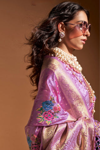 Light Purple Elegant Satin Traditional Saree with Zari & Thread Work ClothsVilla