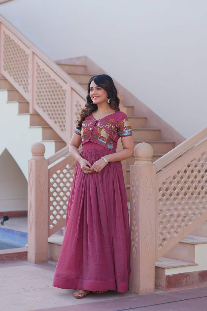 Light Purple Elegant Silver Crunchy Gown with Embroidered Koti – Stylish Partywear Set ClothsVilla