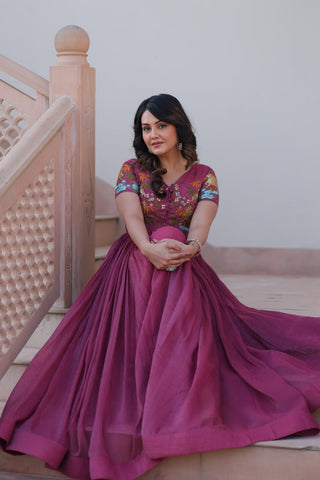 Light Purple Elegant Silver Crunchy Gown with Embroidered Koti – Stylish Partywear Set ClothsVilla