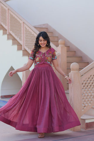 Light Purple Elegant Silver Crunchy Gown with Embroidered Koti – Stylish Partywear Set ClothsVilla