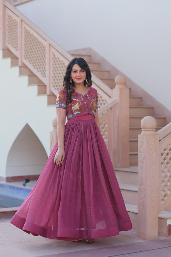 Light Purple Elegant Silver Crunchy Gown with Embroidered Koti – Stylish Partywear Set ClothsVilla