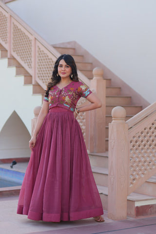 Light Purple Elegant Silver Crunchy Gown with Embroidered Koti – Stylish Partywear Set ClothsVilla