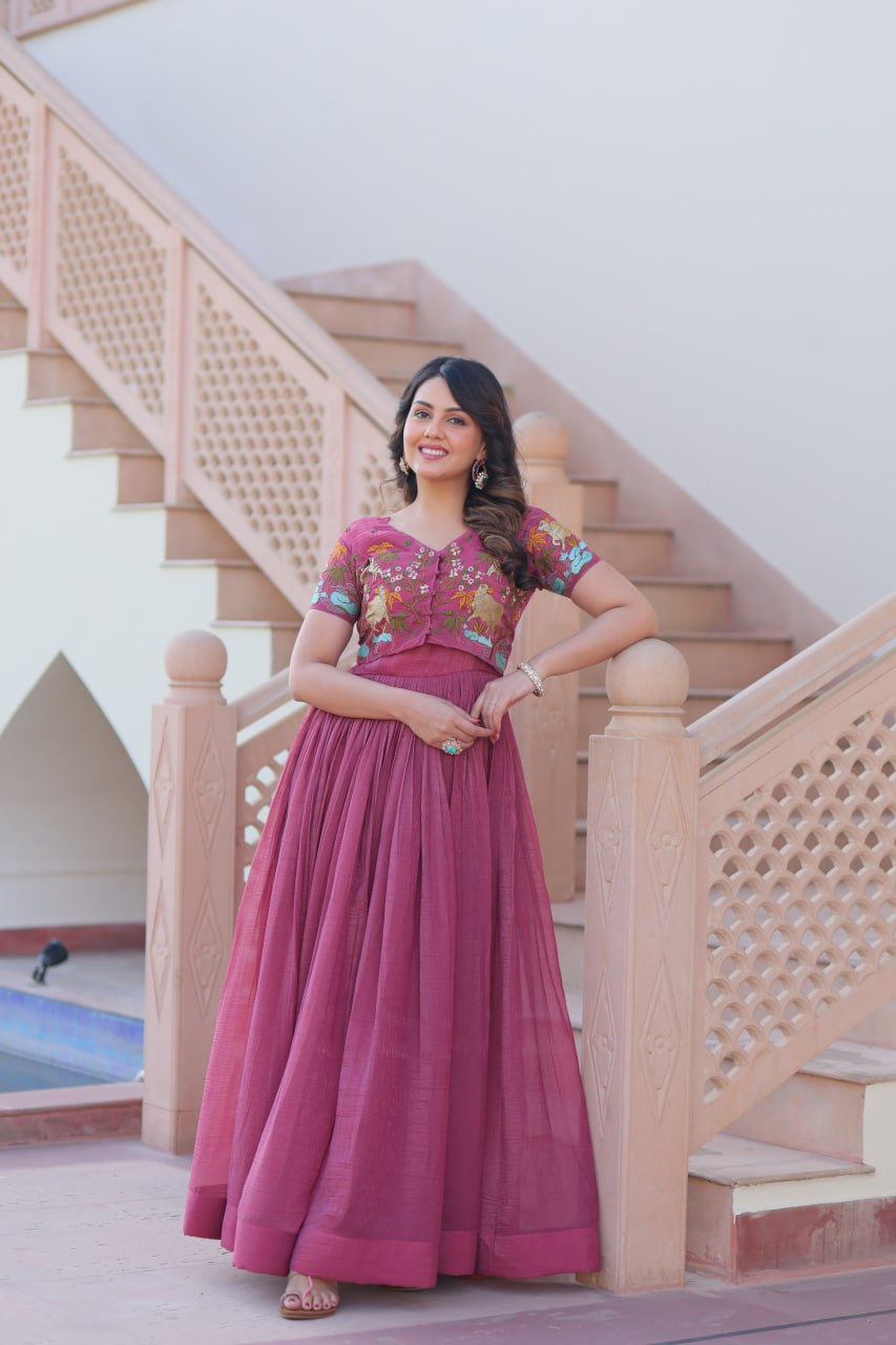 Light Purple Elegant Silver Crunchy Gown with Embroidered Koti – Stylish Partywear Set ClothsVilla
