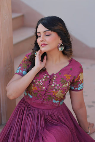 Light Purple Elegant Silver Crunchy Gown with Embroidered Koti – Stylish Partywear Set ClothsVilla
