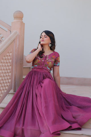 Light Purple Elegant Silver Crunchy Gown with Embroidered Koti – Stylish Partywear Set ClothsVilla