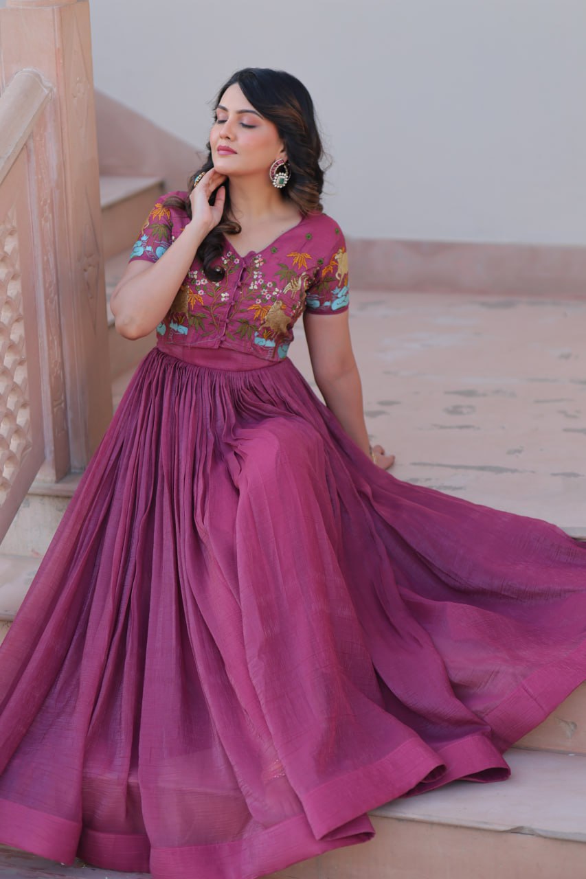 Light Purple Elegant Silver Crunchy Gown with Embroidered Koti – Stylish Partywear Set ClothsVilla