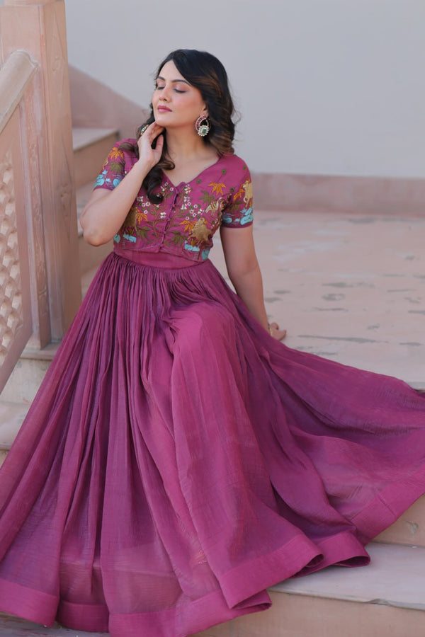 Light Purple Elegant Silver Crunchy Gown with Embroidered Koti – Stylish Partywear Set ClothsVilla