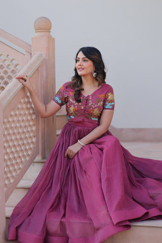 Light Purple Elegant Silver Crunchy Gown with Embroidered Koti – Stylish Partywear Set ClothsVilla
